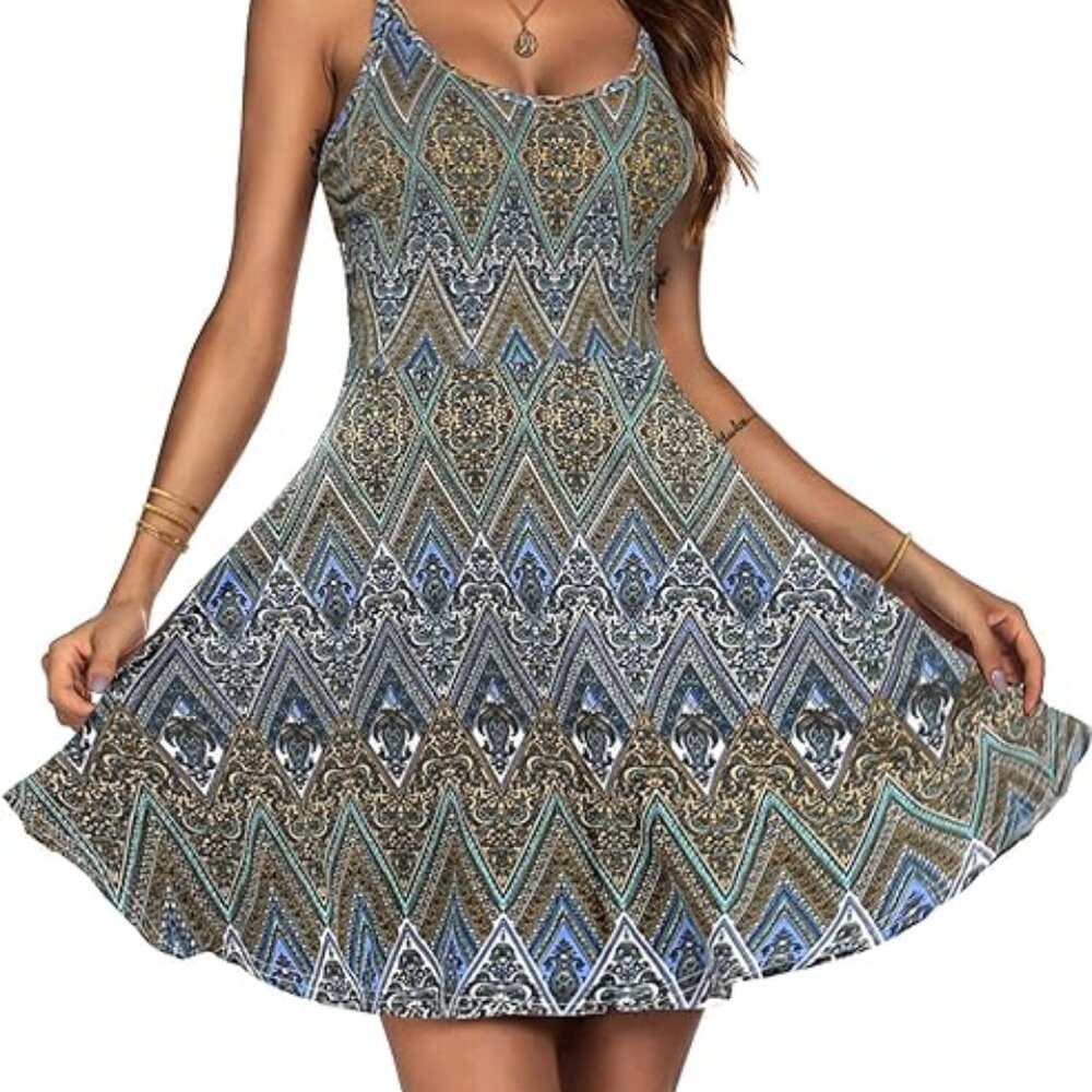 Summer Dress Adjustable Spaghetti Strap Boho Floral Fit & Flare Beach Sundress